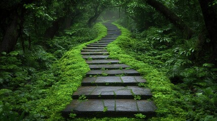 Fototapeta premium Stone Steps Leading Through Lush Green Foliage in a Forest