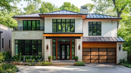 Fototapeta premium Steel roofing sheets on a suburban house, highlighting the neat installation and long-lasting materials in a bright, open environment.