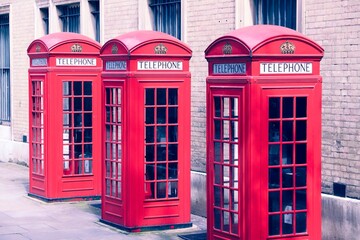 London telephone - Covent Garden telephone booths. Retro filtered color style.
