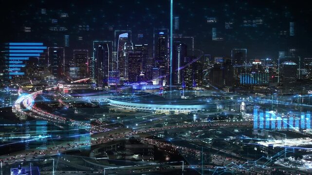 
Beautiful Aerial view of Los Angeles California with Glowing Digital Charts And Data Representing Technological Integration. Data Networks And Financial Graphs.