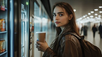 Woman grabbing a drink from a vending machine, with hand holding the paper cup in focus, against a clean, modern office background.
