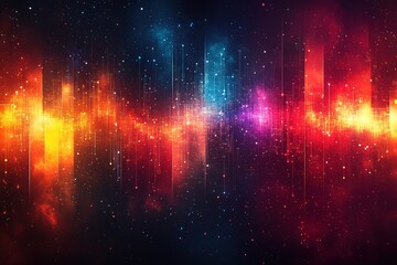 Obraz premium Abstract colorful glowing lines and particles on a dark starry background.