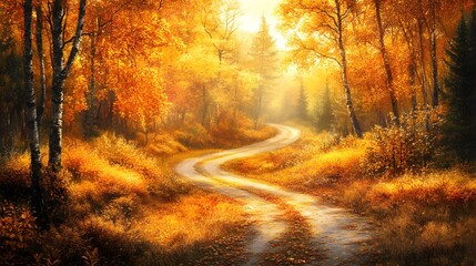 Obraz premium Winding road through a forest of bright autumn colors in golden afternoon light