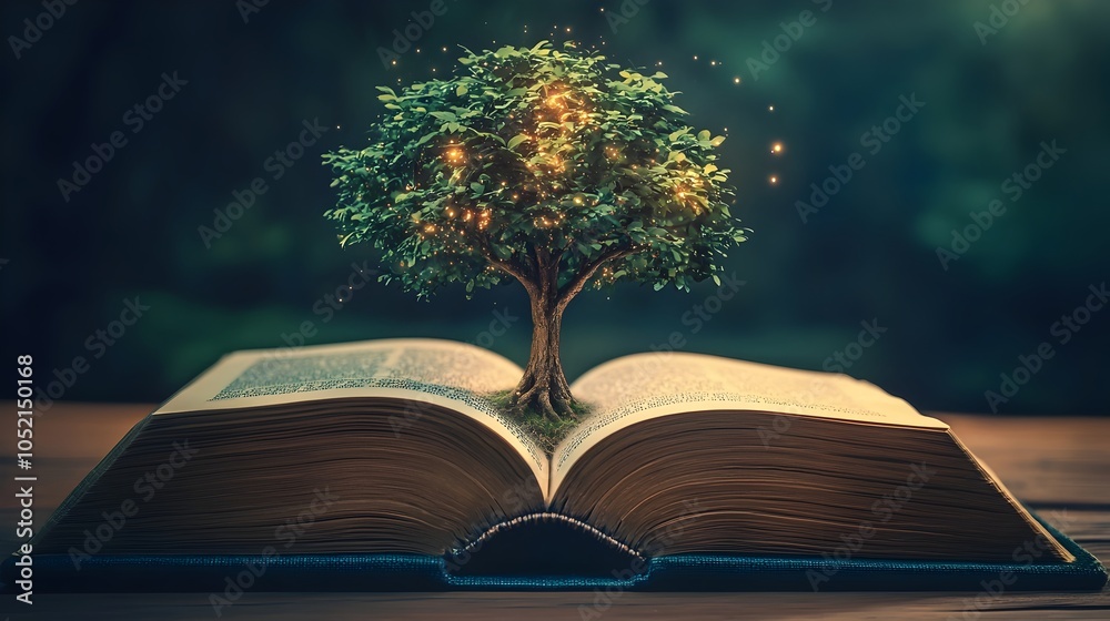 Poster an open book with a tree growing from its center its branches filled with glowing knowledge symboliz