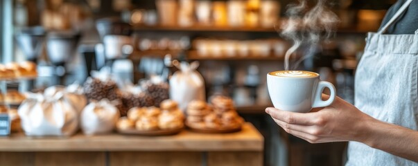 A warm cup of coffee held by a barista, with a cozy cafe background filled with baked goods and inviting aromas.