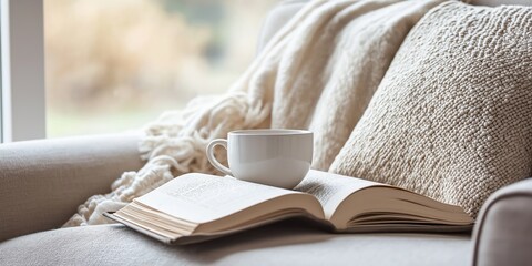 A white blanket is draped over a couch, with a book and a cup of coffee on it. Concept of relaxation and comfort, as the reader can enjoy a warm beverage and a good book in a cozy setting