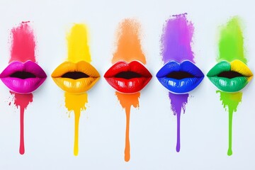 Colorful painting of lips with a rainbow of colors. The painting is abstract and has a vibrant, energetic feel to it. gay pride colors with a set of lips paint splatter