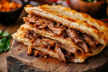 Close-up of Delicious Turkish Sandwich with Meat and Flatbread