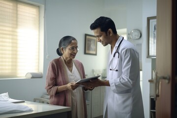 Fototapeta premium Indian doctor showing tablet to an old woman patient hospital adult architecture.