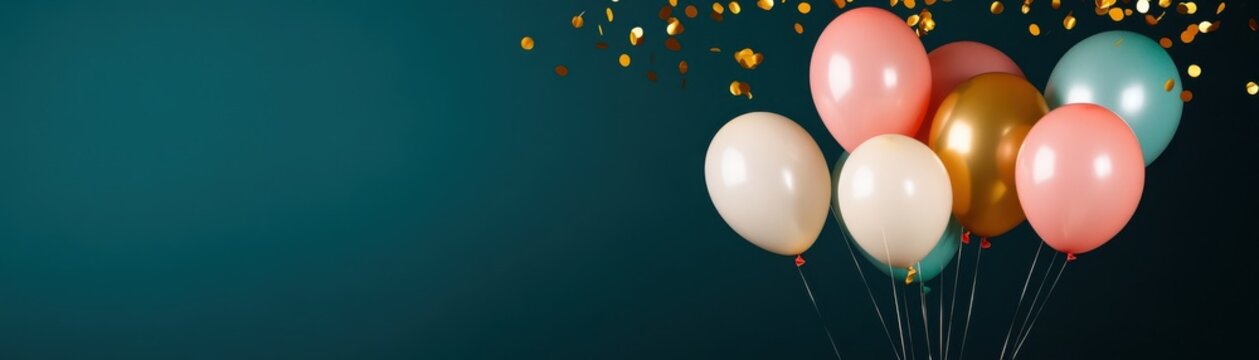 Colorful balloons float against a teal background, perfect for celebrations, parties, and festive occasions.
