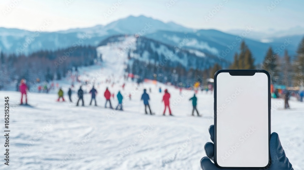 Poster a hand wearing a black glove holds a smartphone with a blank white screen in front of a snowy mounta