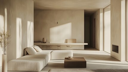 Fototapeta premium Minimalist Apartment Embracing Open Space and Neutral Tones for a Sense of Freedom and Calm