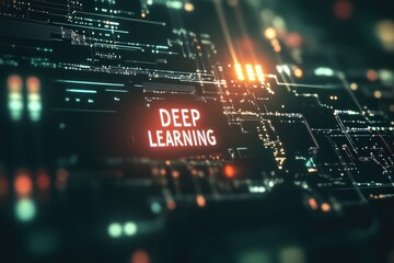 Bright and Illuminated DEEP LEARNING Symbolizing AI and Neural Networks in an Advanced Digital Style Against a Dark Background