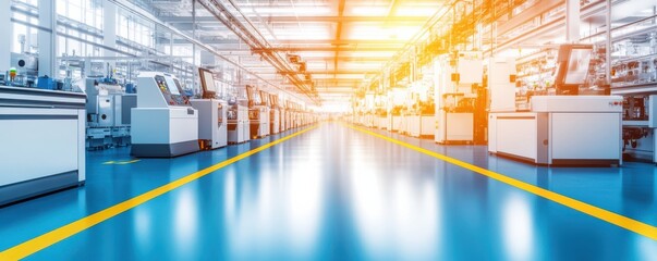 Obraz premium Bright and spacious industrial factory interior with modern machines and a clean floor, showcasing efficient manufacturing processes.
