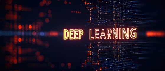 Bright and Illuminated DEEP LEARNING Symbolizing AI and Neural Networks in an Advanced Digital Style Against a Dark Background