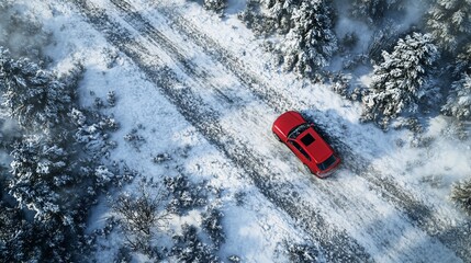 Aerial view of a lone red car driving on a snowy forest road, creating a striking contrast against the white landscape and evergreen trees in winter.