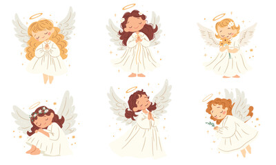 A set of cute vector illustrations in children's style. Cute angels on white background with wings. Vector illustration