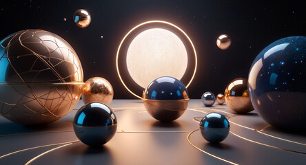 A modern, minimalist vector design featuring geometric shapes and patterns inspired by cosmic elements spheres as planets, with lines and curves symbolizing celestial bodies