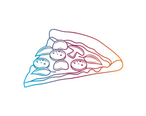 Original vector illustration of a slice of pizza with olives, salami, mushrooms and greens in vintage style.