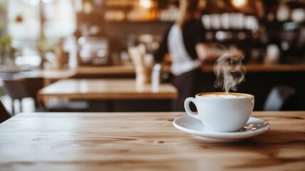 Obraz premium A warm cup of coffee sits on a wooden table, exuding steam in a cozy cafe environment, inviting relaxation and enjoyment.