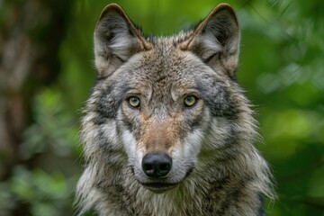Obraz premium Close up portrait of Canadian timber wolf in summer forest.
