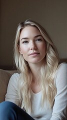 Fototapeta premium Headshot Portrait of Pretty Blonde Woman Gazing at Camera Sitting Alone on Sofa Enjoying Pleasant Weekend at Home Showcasing Serene Expression