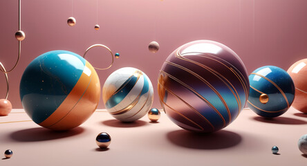 A modern, minimalist vector design featuring geometric shapes and patterns inspired by cosmic elements spheres as planets, with lines and curves symbolizing celestial bodies