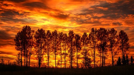 Obraz premium Sunset sky with warm orange and red tones and silhouetted autumn trees