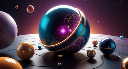 A modern, minimalist vector design featuring geometric shapes and patterns inspired by cosmic elements spheres as planets, with lines and curves symbolizing celestial bodies