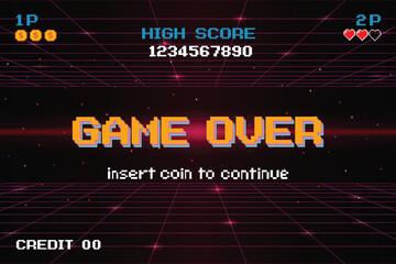 GAME OVER INSERT A COIN TO CONTINUE .Synthwave wireframe net illustration. pixel art .8 bit game. retro game. for game assets .Retro Futurism Sci-Fi Background. glowing neon grid. and stars.