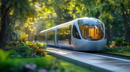 Obraz premium A modern white train travels through a lush forest park, creating a stunning contrast in the tranquil environment