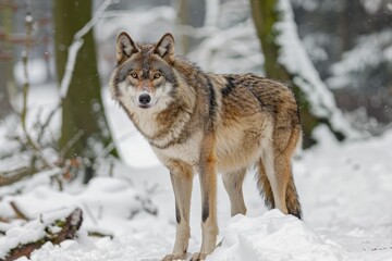 Obraz premium Gray wolf Canis lupus wolf standing in the snow captive Bavaria Germany Europe wolf wolf
