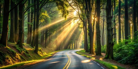 Sunlit Tree Tunnel on Winding Road - Serene Minimalist Nature Scene for Tranquility and Escape