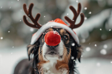 Dog with funny red nose and reindeer costume antlers in snow