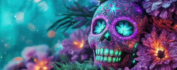 Luminous sugar skull with glowing purple and teal flowers, intricate Day of the Dead design