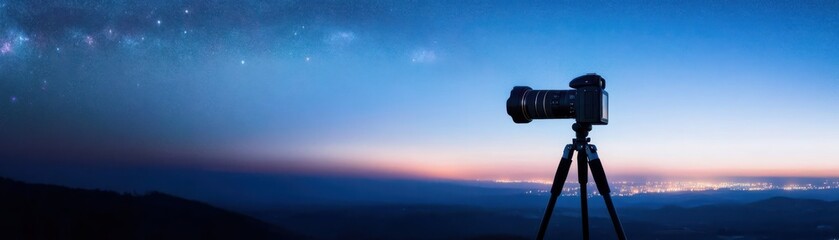 Camera on a tripod captures a stunning twilight sky filled with stars, showcasing the beauty of nighttime photography.