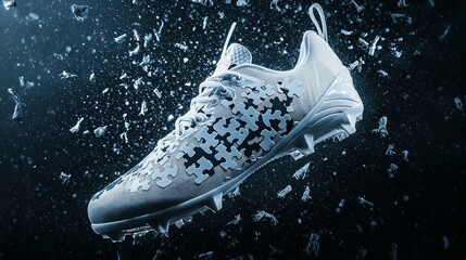 White American football cleat with puzzle piece pattern on side of shoe.