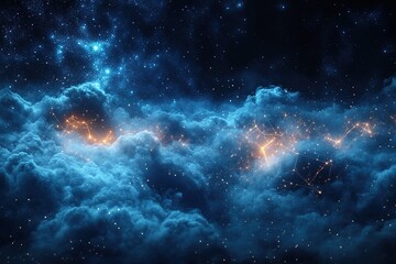 Abstract cosmic landscape with glowing nebulae and stars.