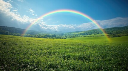 Naklejka premium A vibrant rainbow arcing over a lush green field, surrounded by rolling hills and a blue sky dotted with clouds.