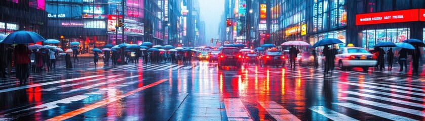 Obraz premium A vibrant urban scene featuring a rainy street with colorful lights reflecting on wet pavement, capturing the essence of city life.