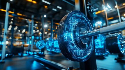 A close-up of a blue, glowing barbell in a gym
