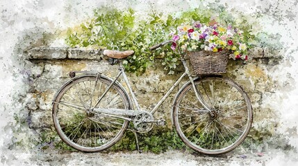 Fototapeta premium A vintage bicycle with a basket of flowers leaning against a stone wall
