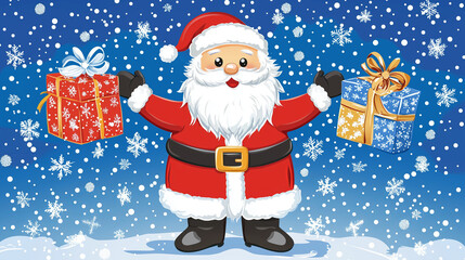 Santa Claus holding gifts in snowy landscape.