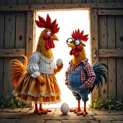 Two comical chickens dressed in human clothes stand inside a rustic barn doorway with one holding an egg 