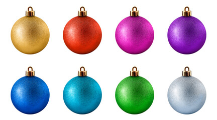 Set of eight shiny Christmas ornament balls in vibrant colorful tones, isolated on transparent background