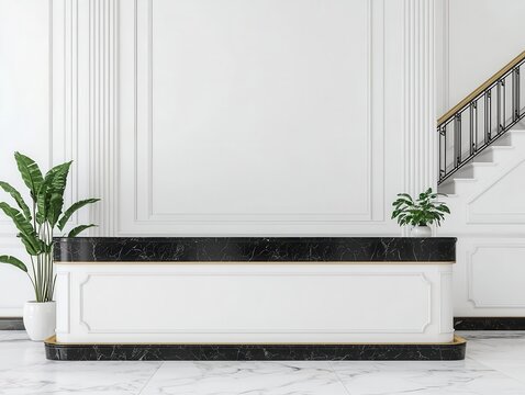 Elegant hotel reception with a grand staircase, black marble counter, and gold detailing, luxury reception, grand, luxurious design