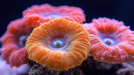 Vibrant orange coral polyps create a stunning underwater display, showcasing their intricate...