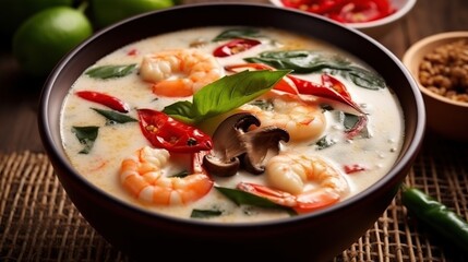 A bowl of creamy coconut soup with shrimp, mushrooms, and chili peppers.