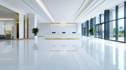 Highend hotel reception with white marble floors, goldaccented furniture, and a crystal chandelier, luxurious hotel reception, grand, elegant