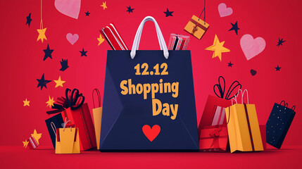 Blue shopping bag with 1212 Shopping Day Day surrounded by colorful gift bags and hearts
